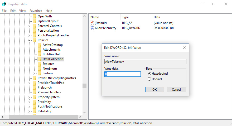 Windows 10 Telemetry Registry
